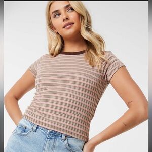 3/$12 Ardene Multicolor Striped Tee with Brown Collar size small